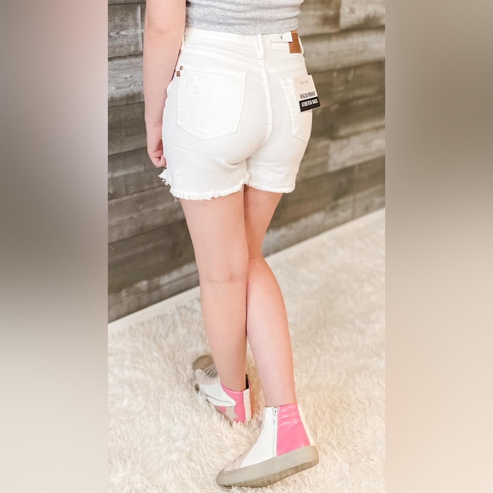 judy blue rigid magic high waist destroyed white denim shorts JB150264 WHT small - Picture 11 of 13